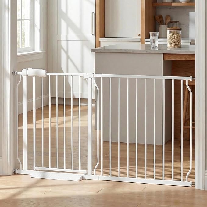 Extra Wide Baby Gate, 57.5-62 Inch - White Metal, Pressure Mounted Indoor Safety Gate, Walk-Through Dog Gate for Kids & Pets