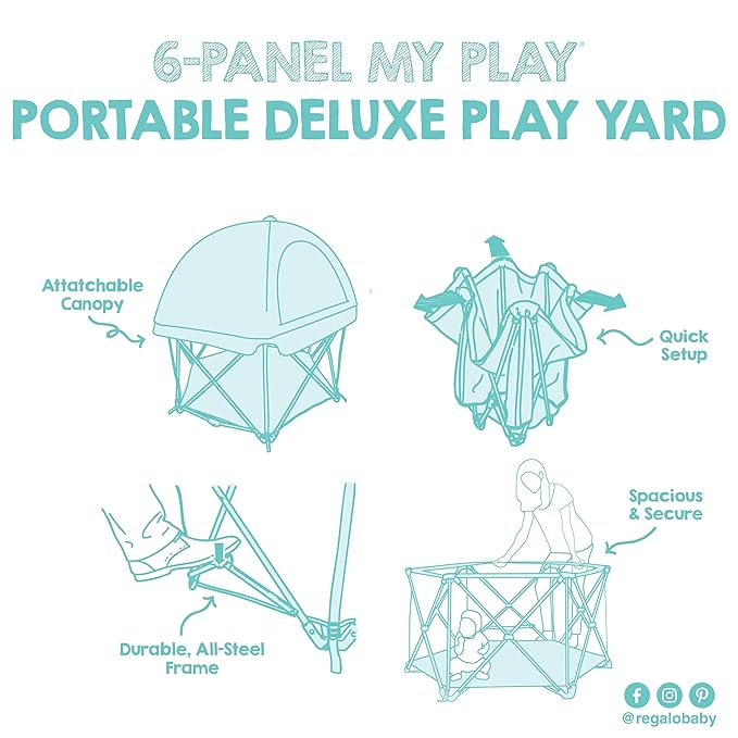 Regalo Safety My Play Deluxe Baby Playpen & Portable Play Yard with Canopy, Foldable 6-Panel Indoor Outdoor Playpen for Babies & Toddlers, Mesh Sides, Washable Nylon Bottom, 48", Aqua/Black