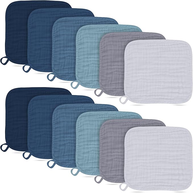 Baby Washcloths -100% Cotton Muslin Soft Baby Bath Wash Cloths and Absorbent Baby Wipes for Newborns Kids Girls and Boys - 12 Pack, 12x12 Inches - Slate, Grey, Navy Series
