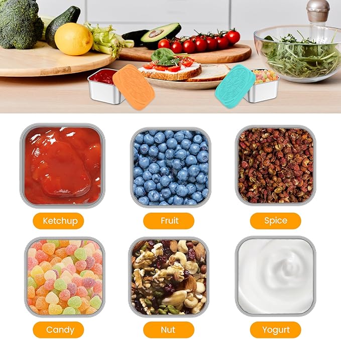6 Pcs Stainless Steel Sauce Containers,2oz Metal Mini Snack Food Store Box Containers and Silicone Lids, Reusable Small Portable Boxes, Dishwasher Safe for Daycare School Office Travel, Leakproof