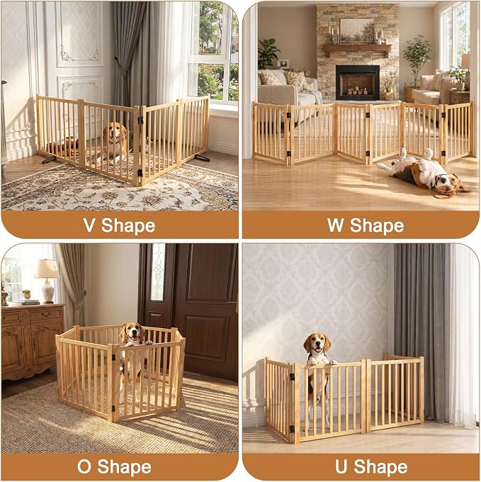 YOCAN Non-Painted Wooden Freestanding Dog Gates for The House, Doorways, Stairs,Wood Pet Fences Indoor Pet Gate,Step Over Fence-5 Panels L:115" H:23"