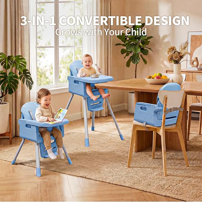 3 in 1 Convertible High Chairs for Toddlers 1-3 Baby Feeding Chair with Tray Wipeable Infant Highchair Sit Up High Chair for Babies and Toddlers with 5-Point Safety Harness & Cushion Blue