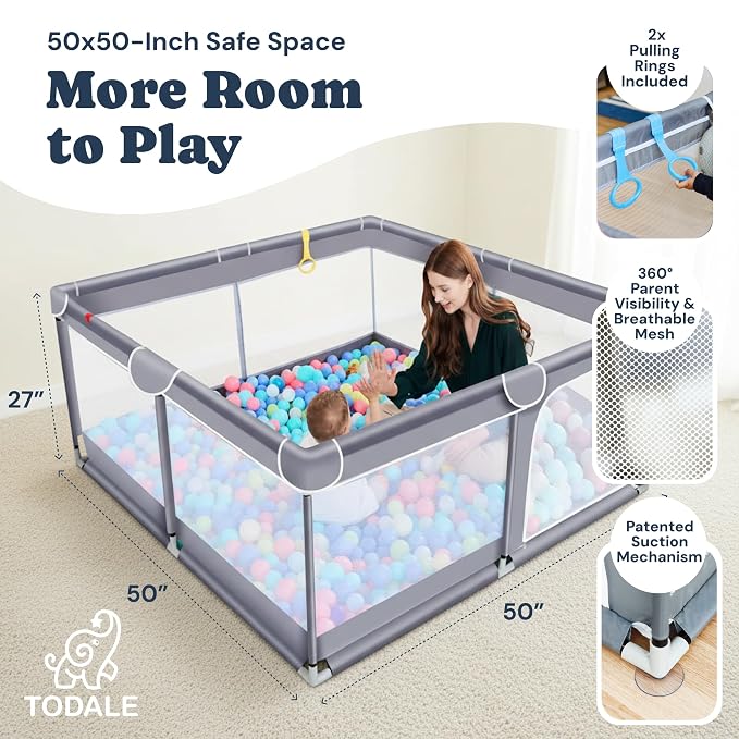 Todale Baby Playpen - 50 x 50 x 27 in Grey Pack of 1 - Effortless Setup & Travel Crib for Baby - Ventilated Panels & Play Pen for Babies 6-12 Months - Foldable Play Pen for Toddlers 1-3