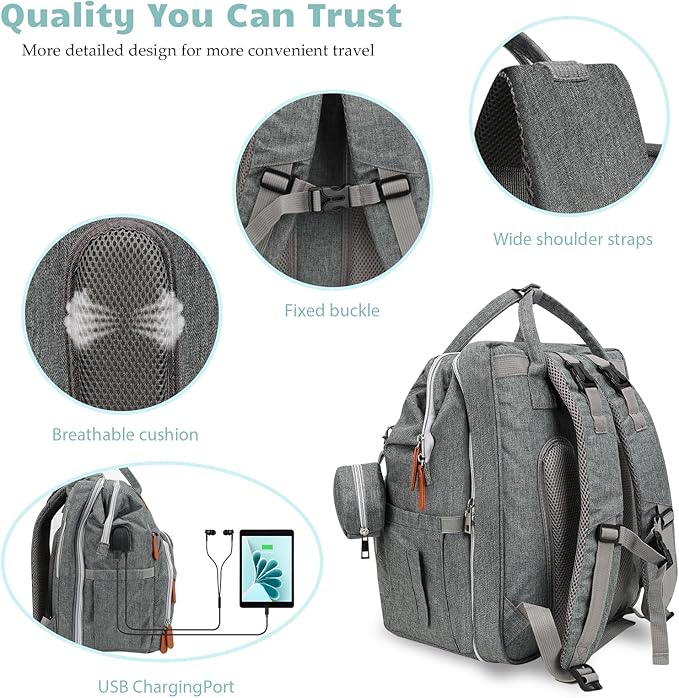 Diaper Bag Backpack for New Parents, Large Capacity Baby Travel Bag with Bottle Holders, Multiple Compartments (Grey)