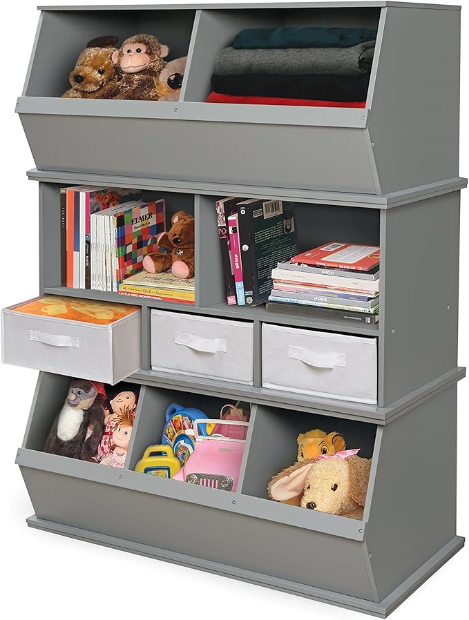 Badger Basket Two Bin Stackable Toy Storage Cubby Organizer ??Modular Storage for Toys, Books, and Crafts ??Solid Wood Panel ??Gray
