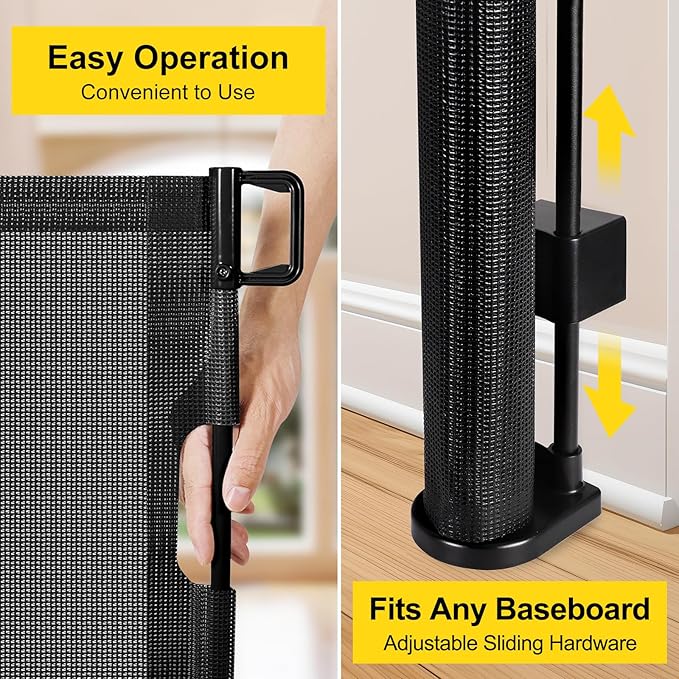 Reinforced 42??Tall x 130??Extra Wide Retractable Baby Gates Extra Tall Pet Gate for Wide Openings Long Dog gate with Rods to Prevent Crawling Through, Dog Gates for Doorways Indoor Outdoor, Black