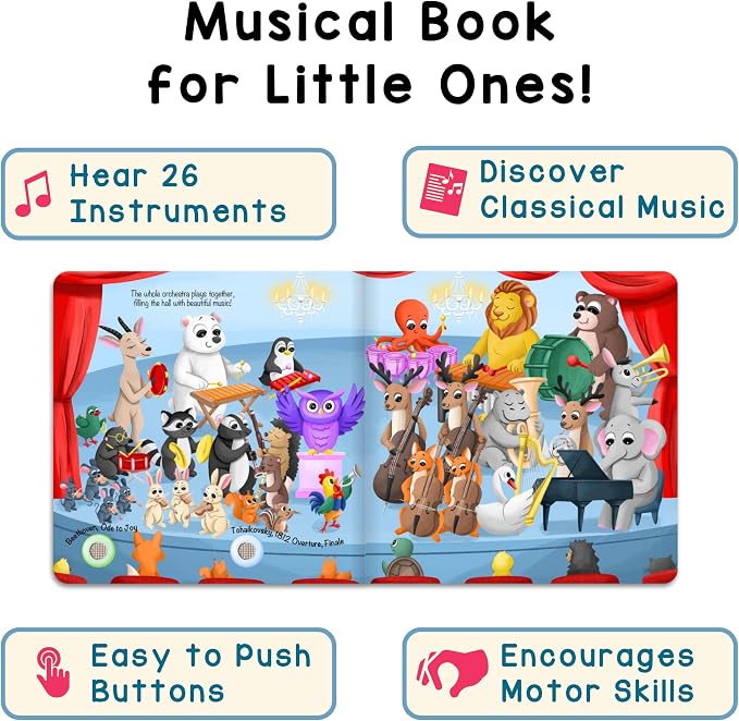 LITTLE MAESTRO Discover the Orchestra – 28 Instrument Sounds and Classical Pieces, Musical Books for Toddlers, 28-Button Music Book, Musical Toys for Toddlers 1-3