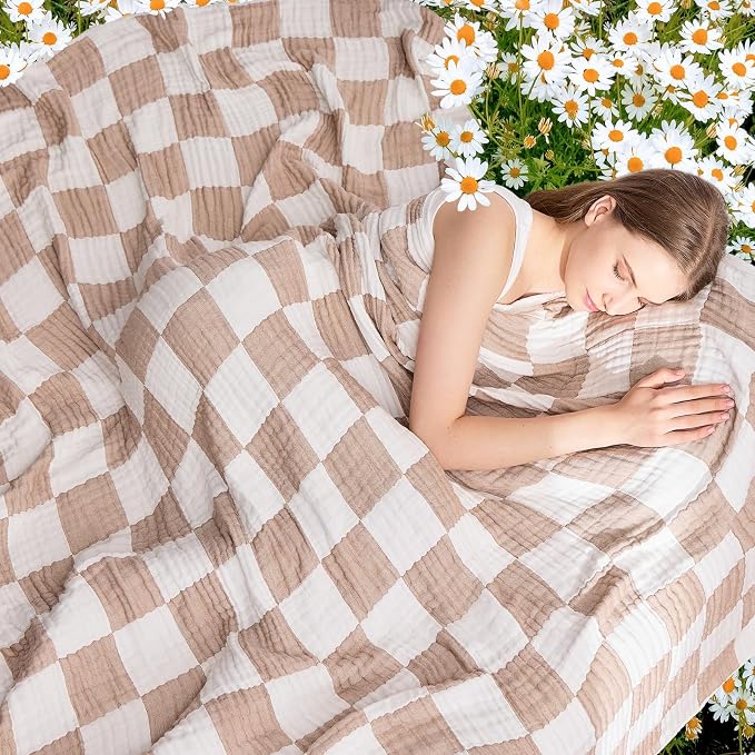 EMME Cooling Muslin Blanket for Adults - Checkered Lightweight Summer Cotton Throw Blankets of Rayon Derived from Bamboo for Hot Sleepers, Ultra Soft Breathable Gauze