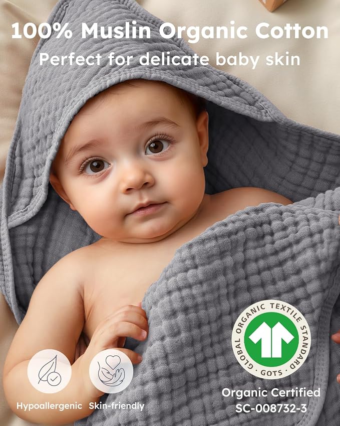 Yoofoss Hooded Baby Towels for Newborn 2 Pack 100% Muslin Organic Cotton Baby Bath Towel with Hood for Babies, Infant, Toddler and Kids, 32x32Inch, Soft and Absorbent Newborn Essential, Grey Planet