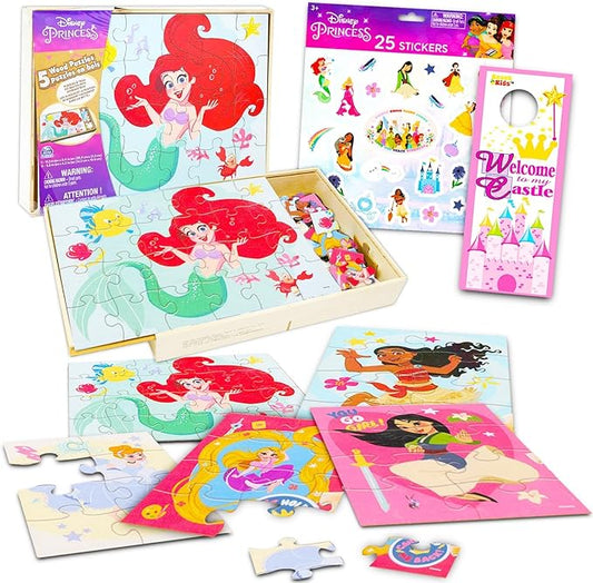 Princess Wooden Puzzle 5 Pack - 24 Piece Princess Wood Puzzles Bundle with Holding Tray Princess Puzzles for Kids with Princess Stickers and More (Kids Princess Jigsaw Puzzles)