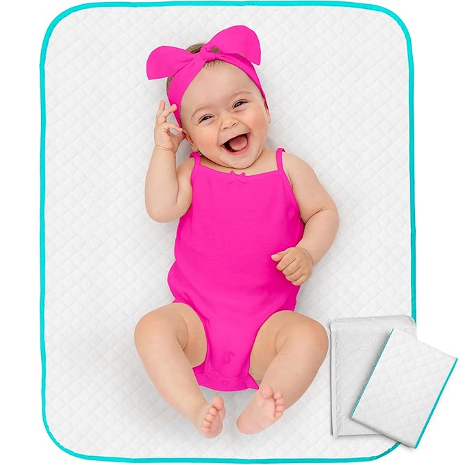 Baby Diaper Changing Mat - 31,5 x 25,5 inch Waterproof Portable Travel Changing Pad - Wipable Liners for Newborn Todlers Kids - Foldable Large Baby Nappy Changer Mat White w/Turquoise Changing mat