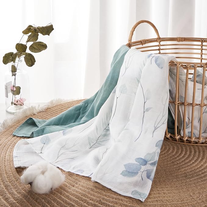Insular Muslin Swaddle Blanket, Baby Swaddle Wrap for Boys and Girls, Receiving Blanket Large 47 x 47 inches, Baby Essentials, 2 Pack, Green&Plants