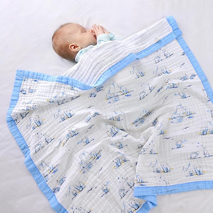 Jay & Ava Baby Muslin Blankets 42' x 42', Soft Cotton Blanket for Toddler Boy, 4 Layers Bed Muslin Throw for Crib, Large Receiving Blanket - Blue Polar Bear