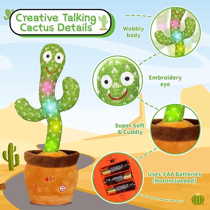 Emoin Christmas Dancing Cactus Toy, Talking Cactus Baby Toys for Baby Christmas Toy Gift Singing Repeats What You Say Baby Interactive Plush