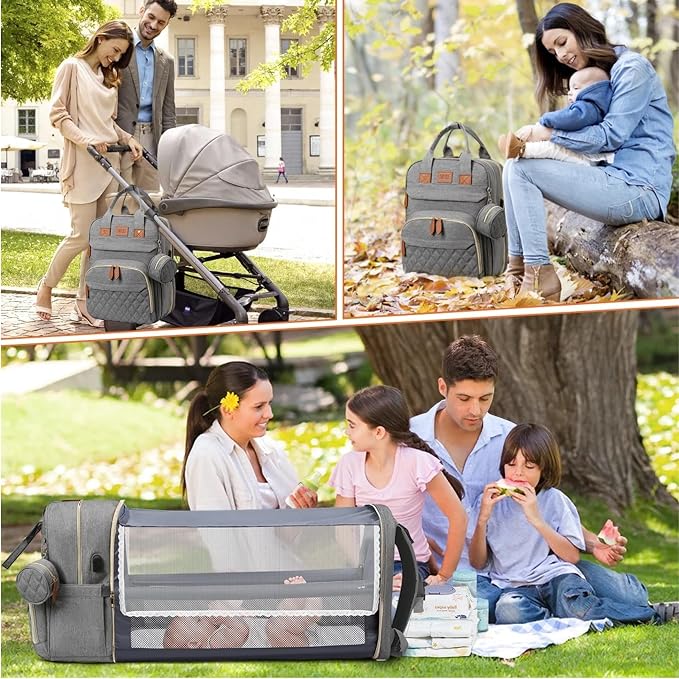 Diaper Bag Backpack – Large Waterproof Baby Bag with USB Charging Port, Changing Pad & Stroller Straps – Stylish, Durable & Hands-Free Travel Organizer for Moms & Dads (Grey)