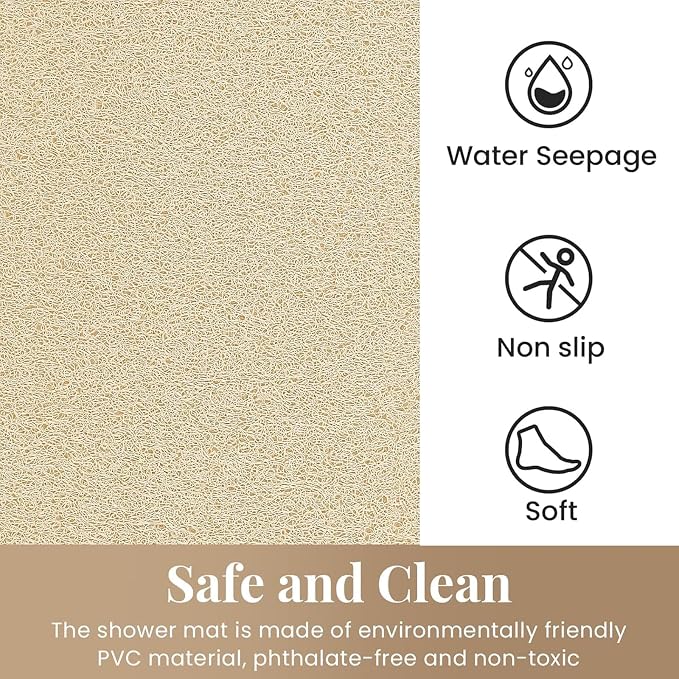Shower Mat Bathtub Mat Non-Slip,24x24 inch, Soft Tub Mat with Drain,PVC Loofah Bath Mat (Phthalate Free) for Tub and Bathroom,Quick Drying,Khaki