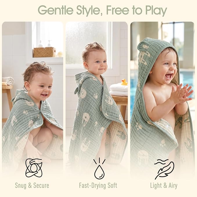 Ultra-Soft Muslin Hooded Towel - 55 x 28 Inches, Made with Organic Cotton, Soft Sage Green Bunny Jacquard with Chest Snap, Ideal for Bath & Beach, for Kids Aged 0-3