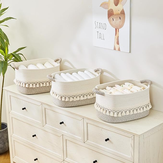 Woven Baskets, 3-Pack Storage Basket for Living Room, Bedroom, Nursery, Stylish Gift Basket with Handles, Cotton Rope Basket for Toys and Shelves, Multi-Purpose Organizer, White/Beige