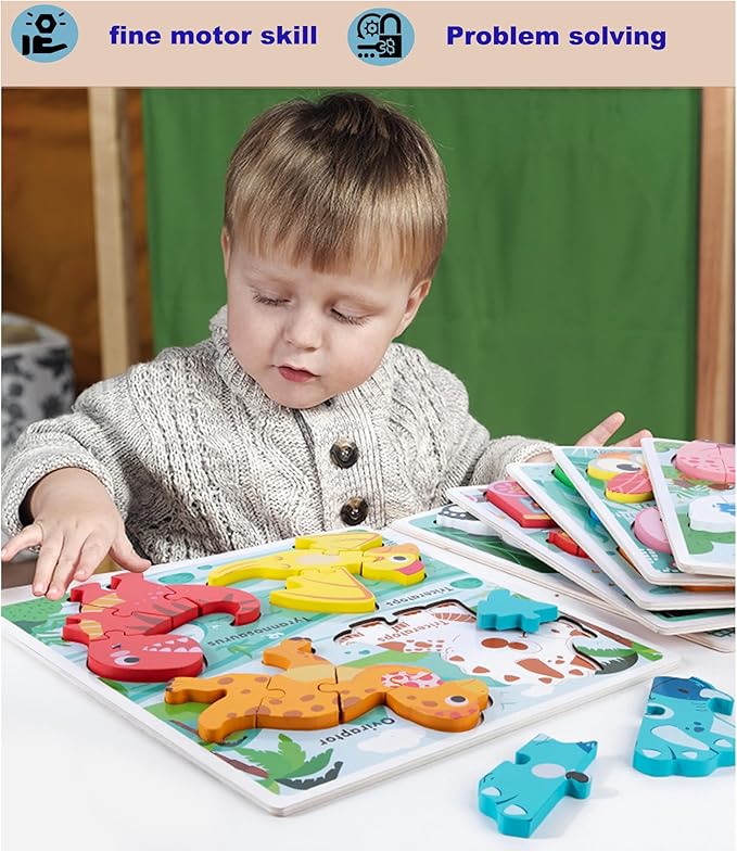 Wooden Educational Jumbo Base Jigsaw Puzzle 1-3 Montessori Dinosaur Toys for 2 3 Years Old Boy Girls Kids,Toddler Toys Ages 2-4,Preschool Wood Dino Learning Gifts for Boys