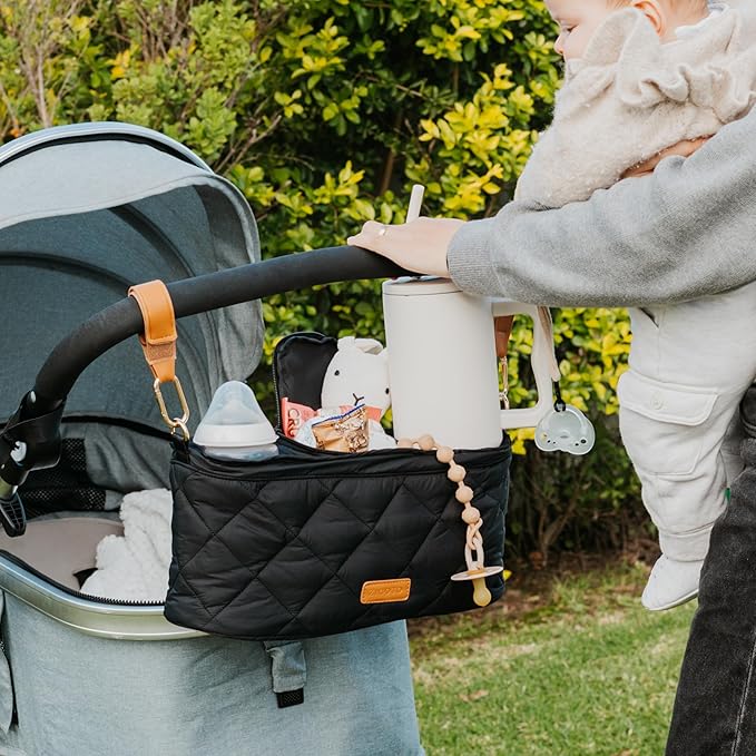 Beautiful Stroller Caddy Organizer With 2 Cup Holders ??Luxury Stroller Bag, Universal Fit, Leather Straps & Zipper Pocket ??Spacious Accessories Perfectly Fits Doona, Nuna & Uppababy Strollers