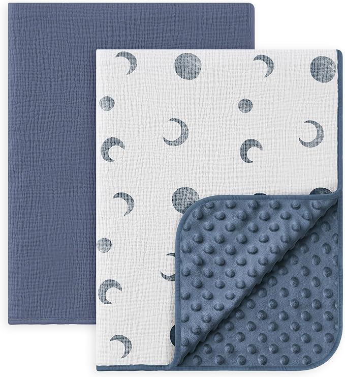 Susurration Baby Blanket for Unisex Boys Girls, 2 Pack Soft Fluffy Crib Blankets with Muslin Cotton Front and Dotted Fleece Back, Receiving Blanket for Baby Newborn Infant, 30x40in, Bluemoon&Navy Blue