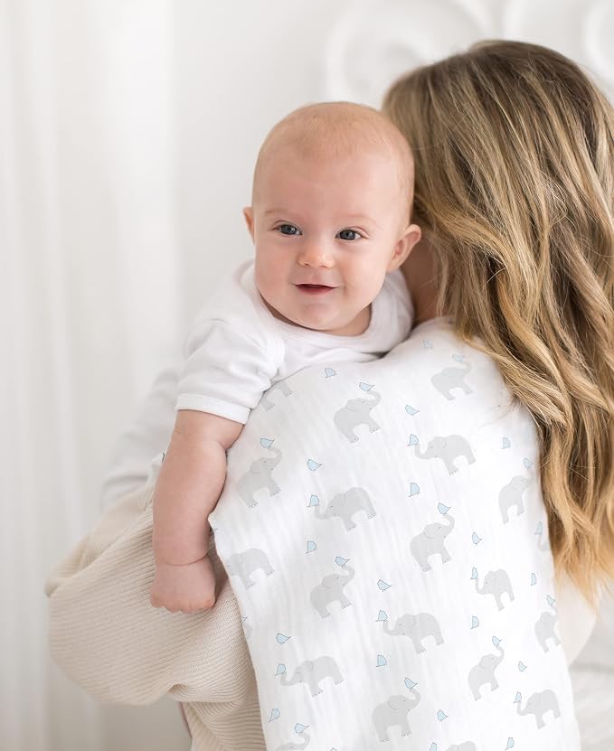 SwaddleDesigns Marquisette Receiving Swaddle Blanket for Baby Boys & Girls, Soft Premium Cotton Muslin, Best Shower Gift, Elephant and Pastel Blue Chickies, Parent Picks Award Winner Small