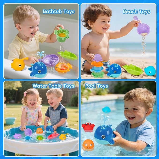 Baby Bath Toys for Kids Ages 1-3, 17PCS Mold-Free No Hole Bath Toys, Pool Water Table Toys, Toddler Bath Toy Set with Whale Sprayer, Boats & Stacking Cups, Easy Clean Bathtub Toys with Storage Bag