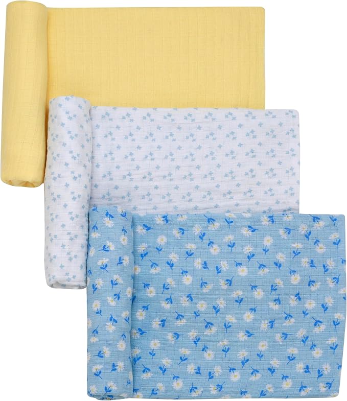 3 Pack Cotton Muslin Swaddle Blankets for Baby, 40" x 36", Lightweight, Breathable, Multicolored, (Little Me Daisy Print)