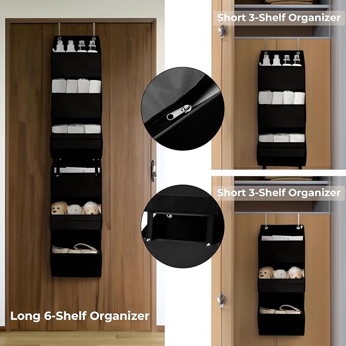 GRANNY SAYS Back of Door Organizer, 6-Shelf Detachable Over the Door Baby Organizer with 8 Pockets, Anti Tilt 40lb Large Capacity Hanging Diaper Storage for Nursery, Bedroom, Kids Room, Black