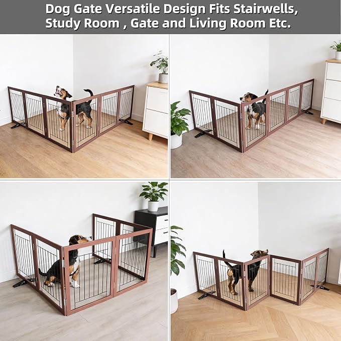Dog Fence Indoor - 6-Panel Freestanding Dog Gate for Doorways, Hallways, House or Stairs -120x24-Inch Retractable Foldable Expandable Wood Pet by SFJC (Brown)