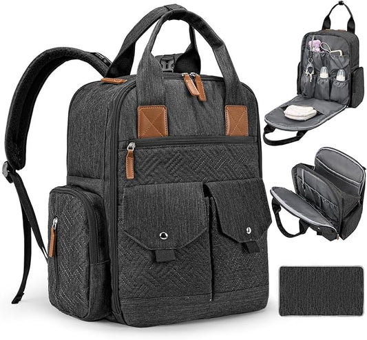JSTPRO Diaper Bag Backpack - Large Diaper Bag with Portable Changing Pad as Baby Shower Gifts, Lightweight Waterproof Unisex Travel Baby Bag with 4 Insulated Pockets and Stroller Buckles, Black