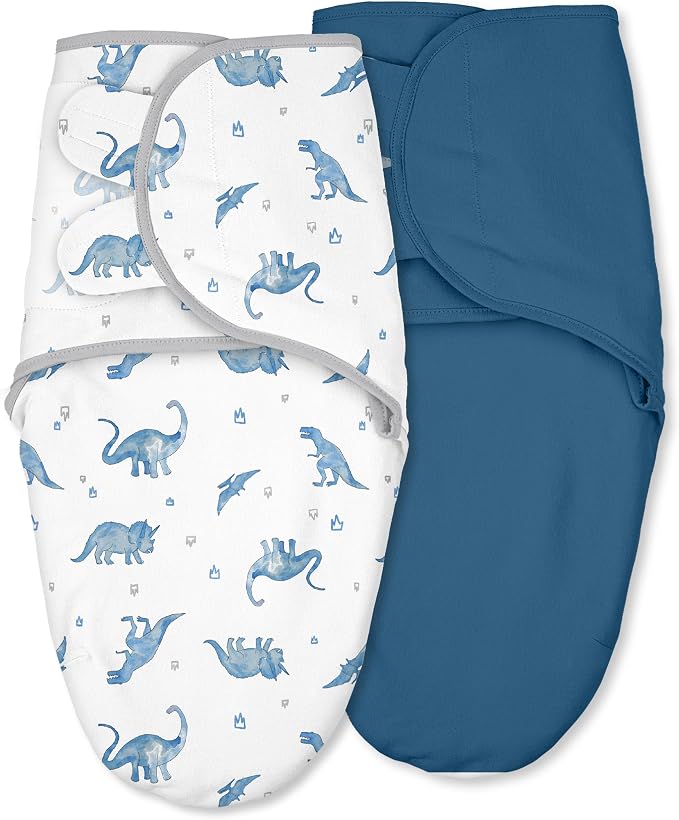 Baby Swaddles for Newborn Organic Cotton,Soft & Snug Newborn Velcro Swaddle 3-6 Months Sleep Sack Helps Calm Startle Reflex, 2-Pack Wrap Nursery Swaddling Blankets Blue Dinosaur
