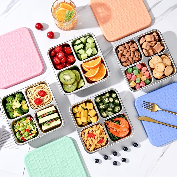 2 Pack Stainless Steel Snack Containers with Silicone Lids, Leakproof Bento Snack Boxes, Reusable 4 Compartment Metal Lunch Containers, Dishwasher Safe Food Storage for Meal Prep, Work & Travel (B)