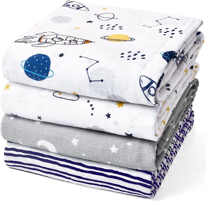 david's kids 4 Pack Baby Muslin Swaddle Blankets, 100% Cotton and Ultra Soft Breathable Receiving Blanket Wrap for Boys Girls, New Born Essentials, Large 47 x 47 inches, Space/Stars/Wave