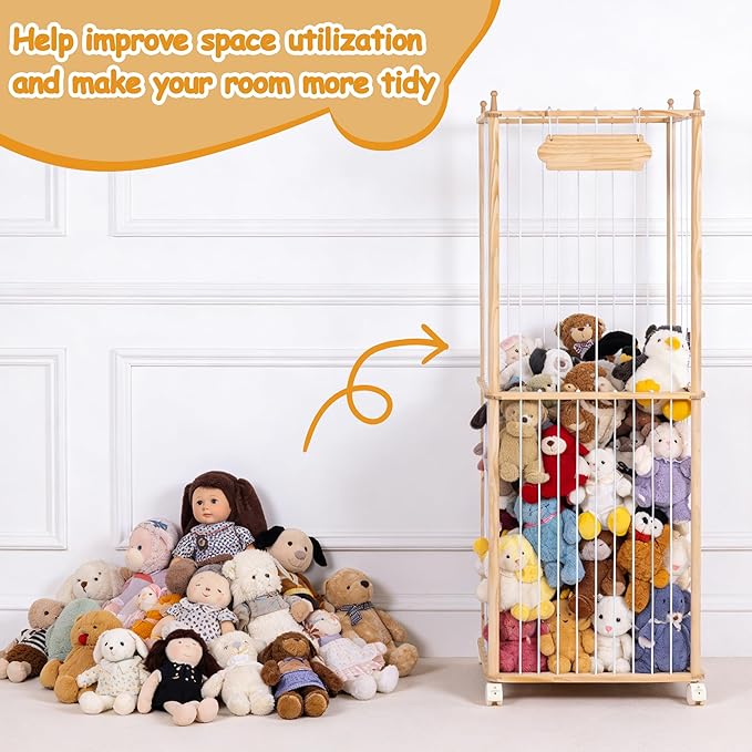 TANONE Stuffed Animal Toy Storage - Wooden Large Organizer Holder for Kids' Room and Playroom - Plush Zoo Animals Holder with Elastic Cords & Brake Wheel for Toddler Bedroom Toys Stuff Organization