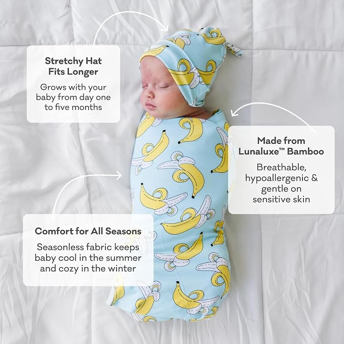 Little Sleepies Swaddle & Hat Set, Baby Swaddles Newborns, Soft Viscose from Bamboo Swaddle Blanket Wrap (Blue Cookies & Milk)