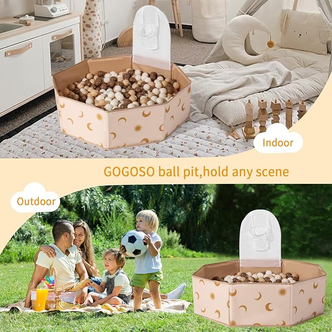 GOGOSO Foldable Ball Pit for Toddlers Large Soft Indoor Outdoor Pop Up Baby Kids Infant Ballpit Big Collapsible Puppy Dog Cat Pits with Basketball Hoop (Balls Not Included) Moon