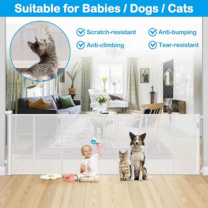 Reinforced 42" Tall X 120" Extra Wide Retractable Baby Gate Extra Long Baby Gates for Large Openings Prevent Kids and Pets from Jumping Over Retractable Pet Gate Reinforced Puppy Gates for Dogs, White