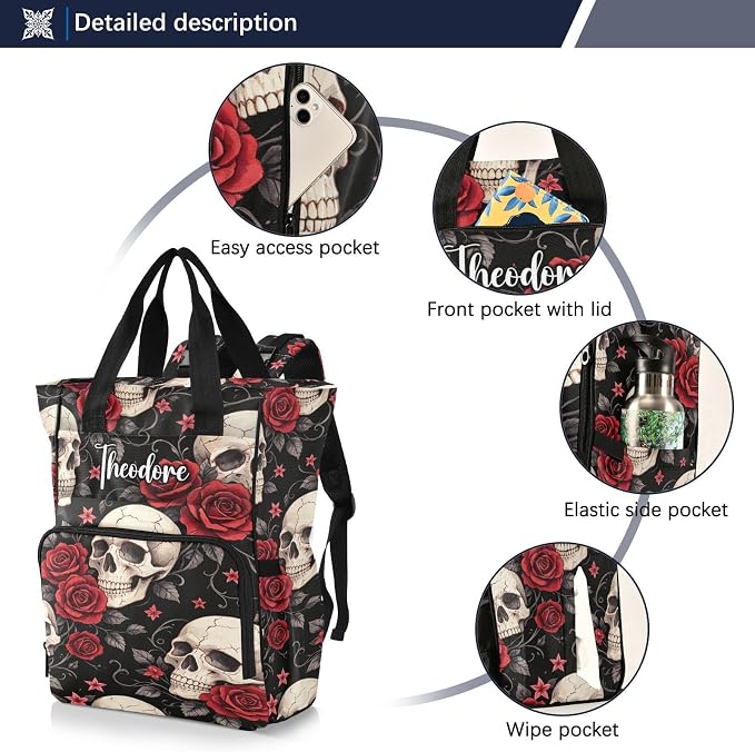 Custom Name Gothic Red Rose Skull Diaper Bag – Large Capacity for Mom Dad