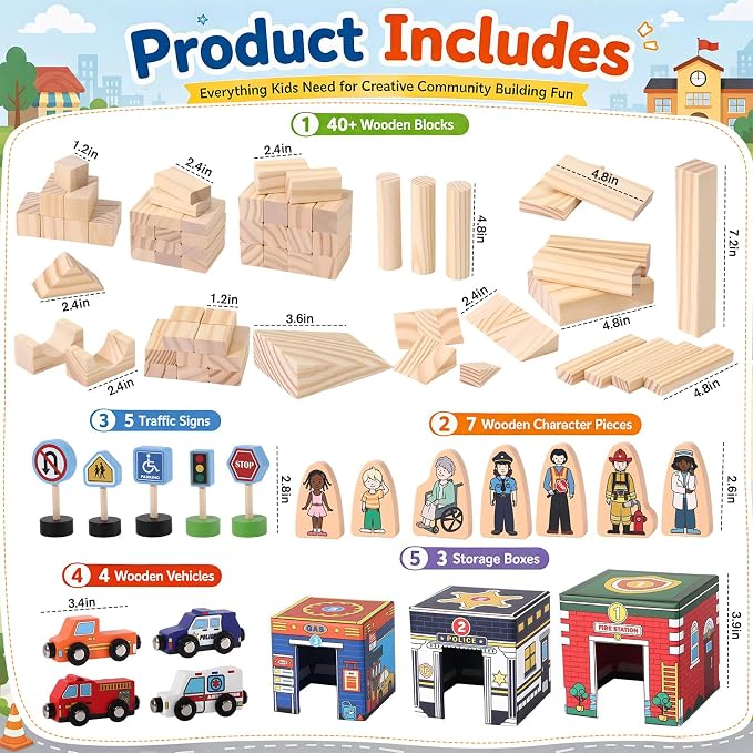 Atoylink Kids Building Blocks for Toddlers 1-3, 108Pcs Wooden Stacking Toys with Community Helpers & Magnetic Wooden Cars Signals, Baby Nesting Boxes Preschool Learning Toys for Boys Girls Gift