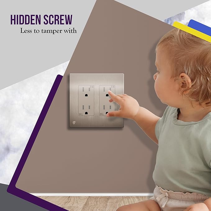 ENERLITES Elite Series Screwless Decorator Wall Plate Child Safe Outlet Cover, Glossy, Size 2-Gang 4.68" H x 4.73" L, Unbreakable Polycarbonate Thermoplastic, SI8832-BNK-10PCS, Brushed Nickel 10 Pack