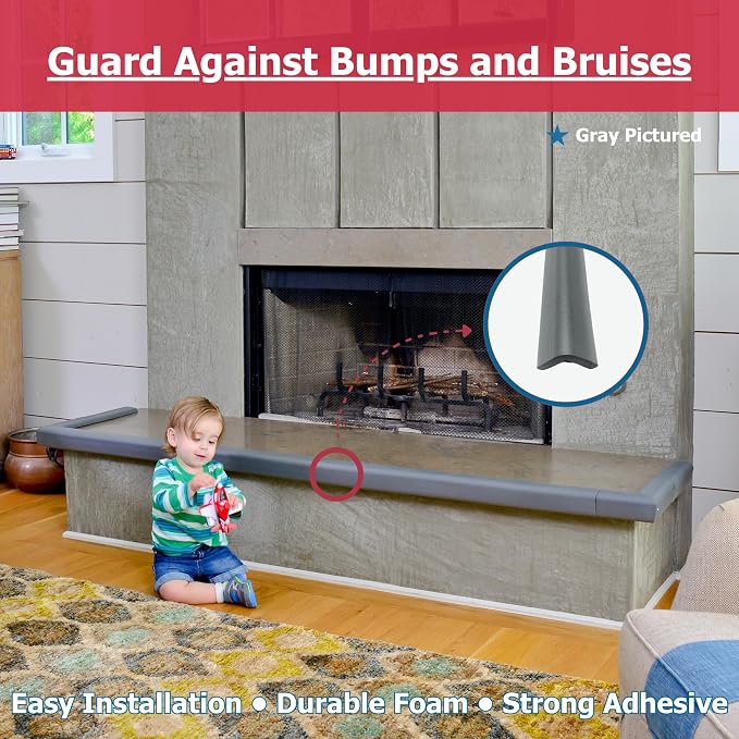 Cardinal Gates KEPK Large Hearth Pad Kit - Fireplace Baby Proofing - Adhesive Backed Fireplace Bumpers for Babies - 12.5 Feet of Padding with 3 Straight Pieces & 2 Corners - Made in The USA - Gray