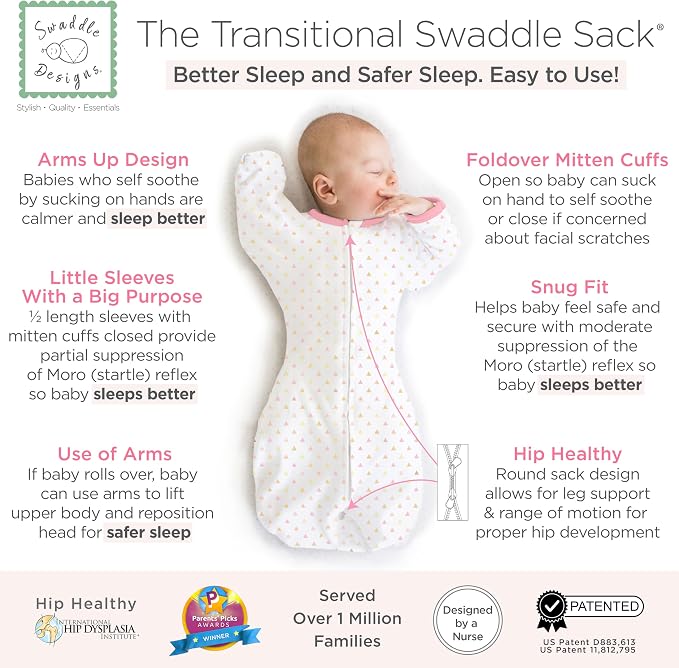 SwaddleDesigns Transitional Swaddle Sack, Arms Up Half-Length Sleeve Mitten Cuff, Most Gradual Transition Swaddle for Newborn