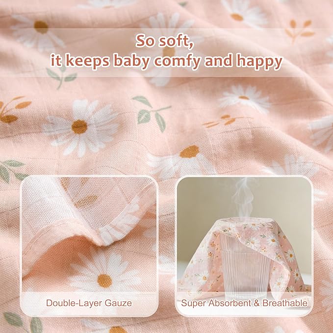 Muslin Swaddle Blankets for Newborn, 4 Pack Large 47"x47" Soft Breathable Bamboo Cotton Baby Blanket, Lightweight Receiving Blanket for Boys and Girls, Spring Bunny Garden
