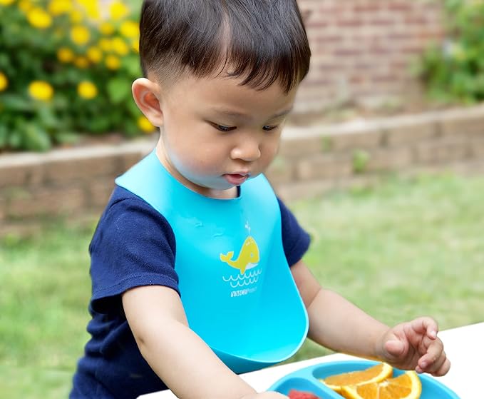 2-Pack Waterproof Silicone Baby Bib Lightweight Comfortable Easy-Wipe Clean (Green/Blue, Large)