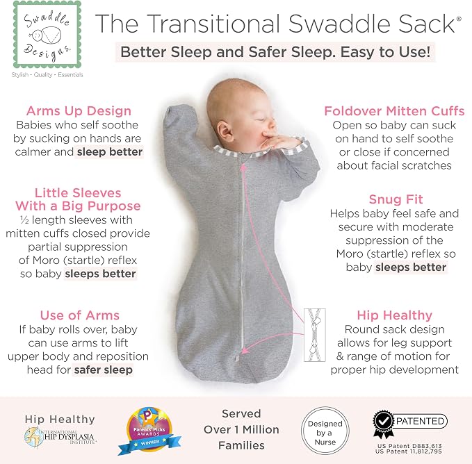 SwaddleDesigns Transitional Swaddle Sack, Arms Up Half-Length Sleeve Mitten Cuff, Most Gradual Transition Swaddle for Newborn