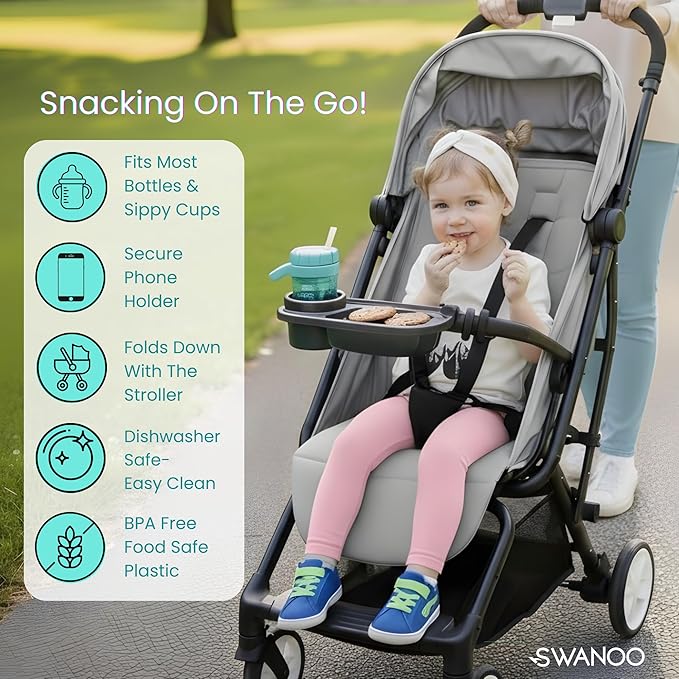 Universal Stroller Snack Tray | Stroller Cup Holder | Silicone Flexible Arms Grip Stroller Bumper Bar Stays in Place Stroller Tray Attachment (2-Pack Snack Tray with Phone Holder Black)