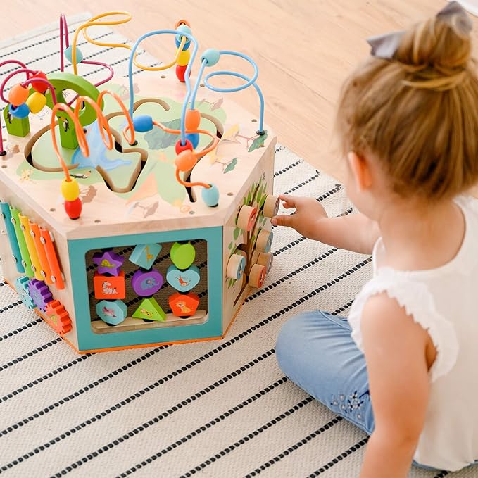 Teamson Kids Preschool Play Lab 7-in-1 Large Wooden Activity Cube Station Center Bead Maze and Counting for Kids Baby Toys, Natural