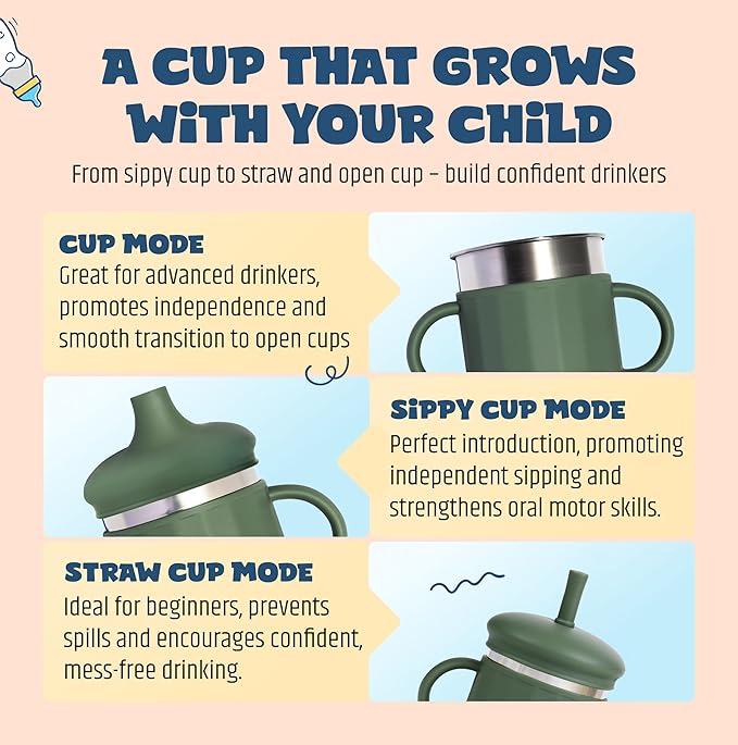 Jumble Dream Stainless Steel and Silicon Sippy Cup Baby Sippy Cup, Training Kids Cups with Silicon Straw, Toddler Tumbler with Spill Proof Straw |Sippy Cup for Toddlers 1-3 Years| BPA Free (Cream)
