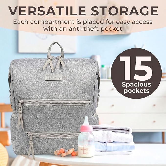 BUNSO Neoprene Diaper Bag Backpack, Water-resistant, Travel Baby Bag With Changing Pad, Stroller Straps, Wet Bag and Pouch (Gray)